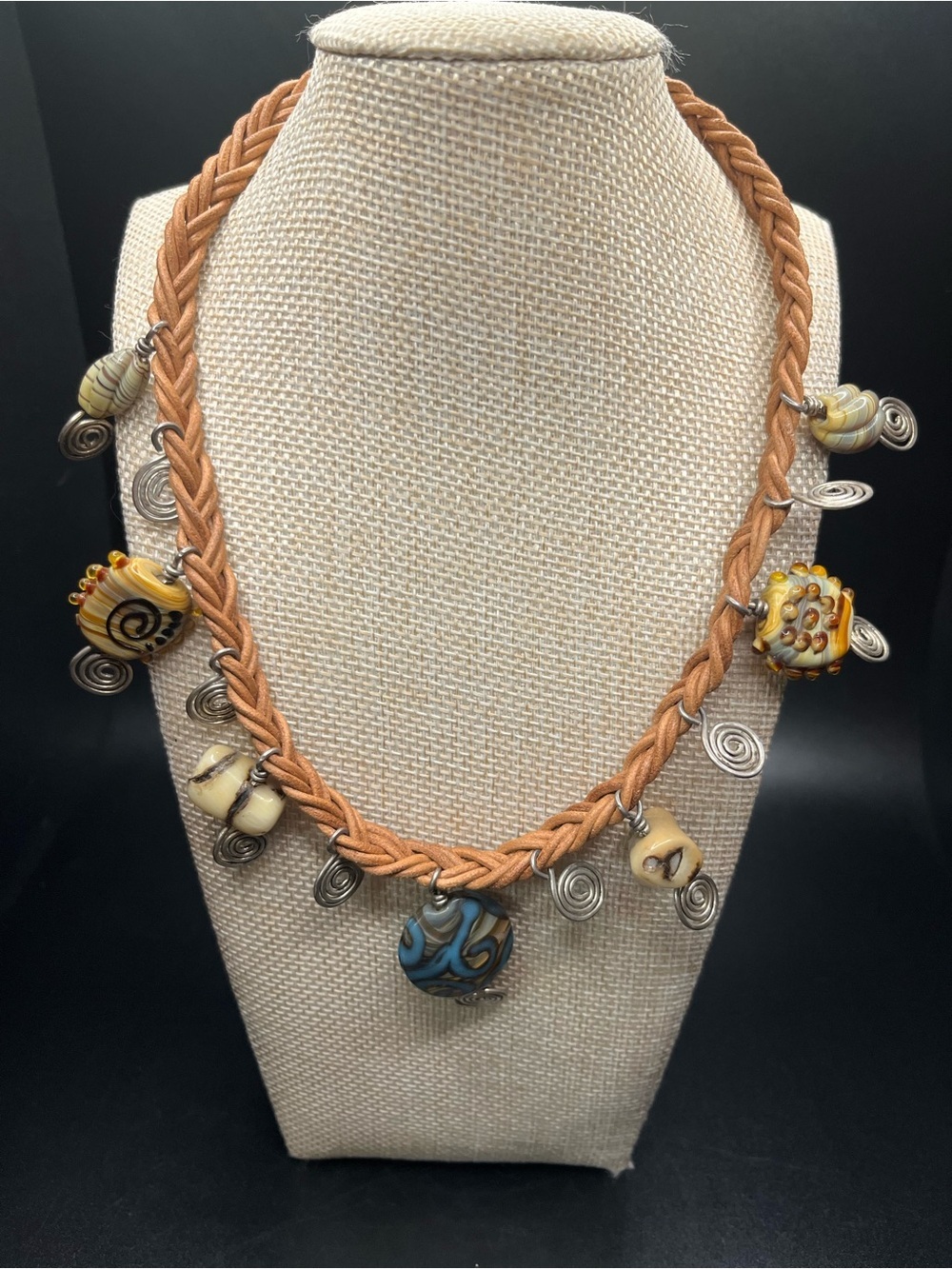 Artisan Sterling Silver Wire lamp work Braided Leather Statement Necklace boho